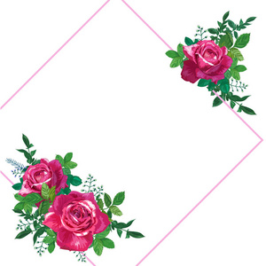 白色背景上有绿叶的红色玫瑰。带有红色粉红色花朵的矢量插图。母亲生日纪念日婚礼和其他节日的贺卡。