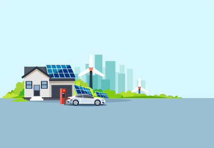 一辆电动汽车在充电站停在附近的房子，太阳能电池板和风力涡轮机发电的平面矢量插图。