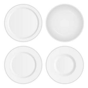 创意向量插图集3d 白色圆形逼真的盘子碟在透明背景下隔离。艺术设计瓷汤空器具, 碗。抽象概念图形餐具元素
