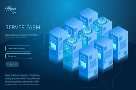 数据中心等距向量图。web 主机服务器机房架的概念