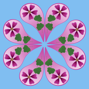 对称的大花带有花卉元素的插图. 雨滴图案.