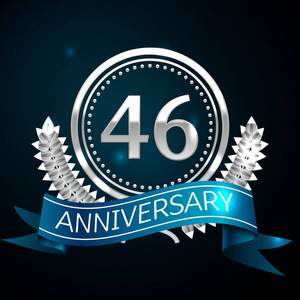 现实四十六年周年纪念庆祝设计与银色圆环和月桂树花圈, 蓝色丝带在蓝色背景。彩色矢量模板元素为您的生日庆祝党