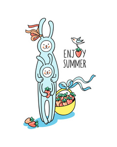 可爱的兔子，妈妈和宝宝正在享受夏天的水果季节。他们在篮子里收集甜草莓，小鸟帮助他们。可爱的动物角色和白色上的图形元素。