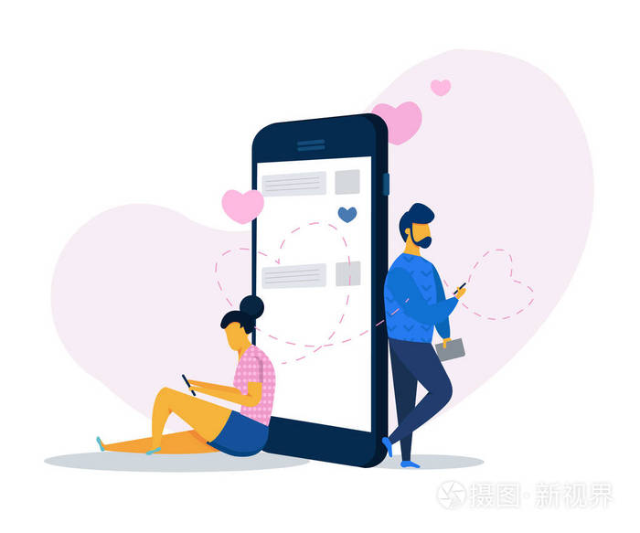 在线约会和社交网络,虚拟关系的概念.男女在网上聊天.矢量三维等距图.