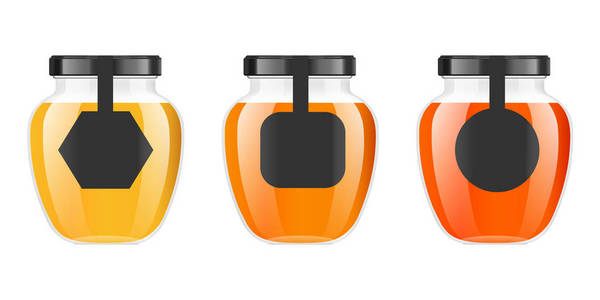 逼真透明的玻璃罐子与蜂蜜。食品银行。蜂蜜包装设计。蜂蜜标志。用设计标签或徽章模拟玻璃罐子。优质食品产品。矢量插图