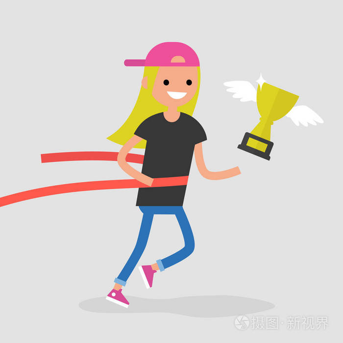 年轻的女性跑步人物越过终点线. 红丝带. 种族. 竞争.