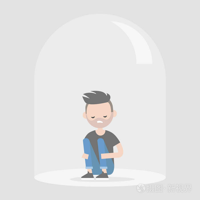 年轻沮丧的角色坐在玻璃穹顶下内向的人抑郁平面可编辑矢量插图剪辑