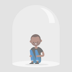 小军人年轻沮丧的黑人角色坐在玻璃穹顶下. 内向的人. 抑郁.