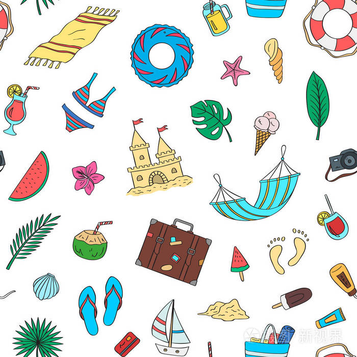 手绘彩色海滩对象矢量夏日旅行涂鸦元素模式或背景插图