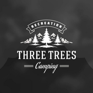 森林露营标志矢量插图. 户外探险休闲松树剪影衬衫印花邮票.