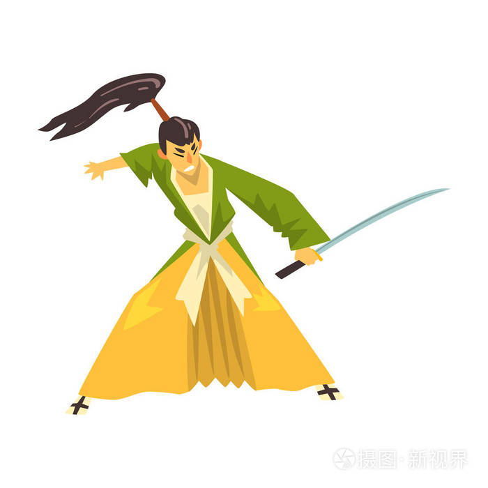 武士卡通人物与武士刀剑战斗, 日本战士在传统服装矢量插图白色背景