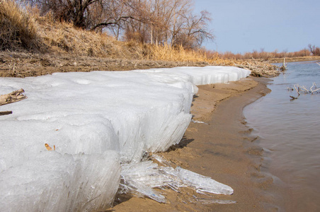 最后的冰河。 最后一次浮冰。 伊利河上的最后一针冰。 中亚哈萨克斯坦的草原