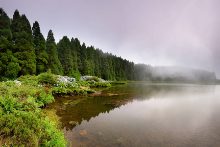 亚速尔群岛的全景。亚速尔群岛有火山起源，索米格尔岛有许多湖泊形成在古代火山口。