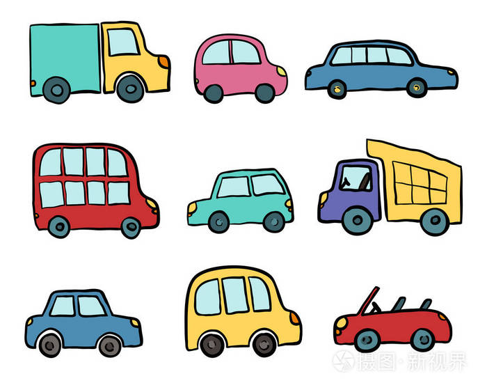 大套手绘可爱的卡通车供儿童设计矢量插图包装包装海报网页设计儿童