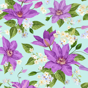 水彩铁线莲花。花卉热带无缝图案墙纸, 印刷, 织物, 纺织品。夏季的背景与盛开的紫色花朵。矢量插图