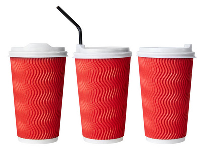 一次性红纸咖啡杯，纸杯与饮用吸管分离白色背景
