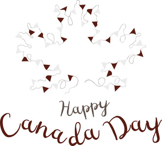 加拿大快乐日。 加拿大国家假日。 图片中心的文本是以棕色线的形式手写的，形式是带有红白旗的枫树。 矢量。