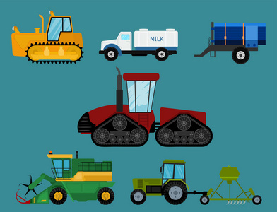 农业工业农用设备机械拖拉机组合与挖掘机矢量图解