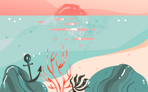 手绘矢量抽象卡通夏季时间图形插图艺术模板横幅背景与海洋海滩风景, 粉红色的日落视图与复制空间的地方为您的设计