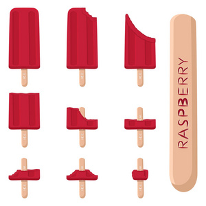 矢量插图标志天然覆盆子冰淇淋的棍子。 冰淇淋图案由甜的冷冰淇淋组成，设置美味的冷冻甜点。 新鲜的浆果冰淇淋，红色覆盆子在棍子上。
