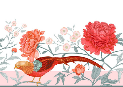 牡丹和野鸡。 花卉异国情调的复古无缝图案与花和鸟。 东方风格。 彩色矢量插图艺术。 设计纺织品包装纸壁纸室内