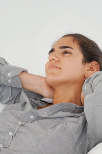 s sense of fatigue, exhausted, stressed. A girl massages her pai