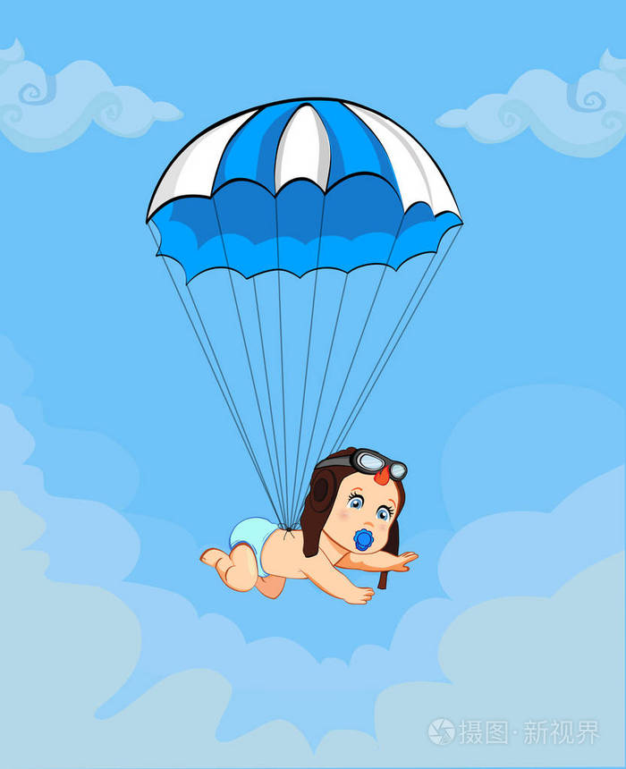 这是一个男孩卡通矢量插图与可爱的婴儿在飞行员帽子下降与蓝色降落伞