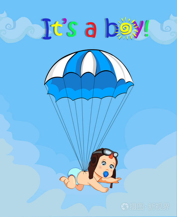 这是一个男孩卡通矢量插图与可爱的婴儿在飞行员帽子下降与蓝色降落伞在多云的天空背景。 婴儿淋浴贺卡设计。 新生儿等待婴儿到来的概念
