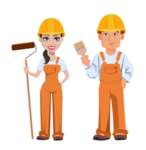 快乐统一的头盔建筑工人男女统一卡通人物. 专业建筑工人.