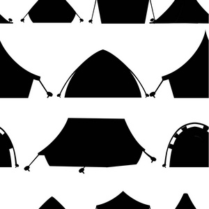 黑色的轮廓. 无缝图案. 徒步旅行和野营帐篷的收藏