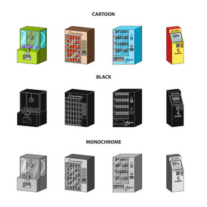 一种游戏机，一种售票终端，一种销售水和巧克力的自动机。 终端设置收集图标在卡通黑色单色风格等距矢量符号股票插图。