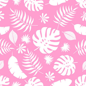 异国情调，无缝，五颜六色，明亮的图案，白色的热带丛林树叶轮廓在粉红色的背景。 用于纺织制造的花卉现代图案等。 矢量插图
