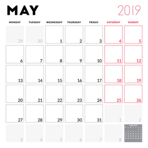 日历计划2019年5月。周从星期一开始。 印刷矢量文具设计模板