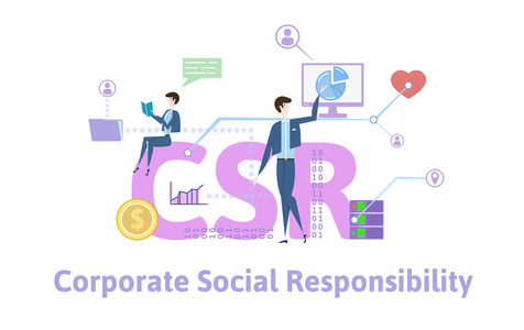Csr, 企业社会责任。带有关键词字母和图标的概念表。白色背景上的彩色平面矢量插图