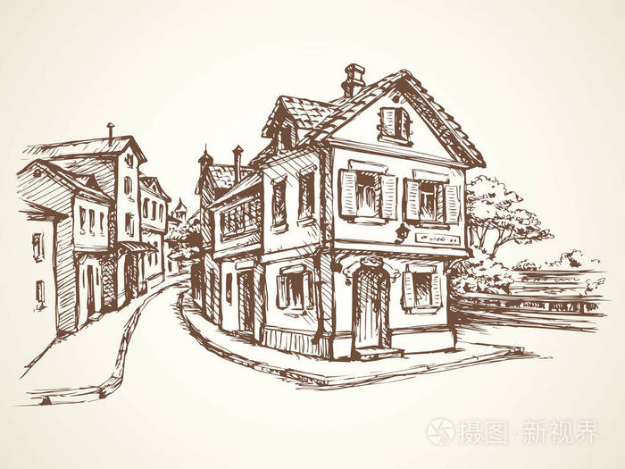 古老浪漫的夏季市中心与中世纪大厦写意线墨手画画素描