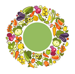 一组新鲜水果蔬菜放在一个框架内的一个圆圈中，在白色的背景上有一个空的空间作为音符或装饰品。