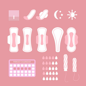 矢量插图女性卫生图标设置。在粉红色背景下隔离的卫生垫卫生棉条日历和图表元素的卡通平面设计