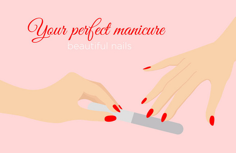 矢量插图美丽的女人手锉指甲与红色指甲油, 美容院概念粉红色的颜色背景