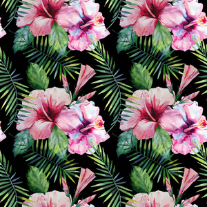 色彩鲜艳的绿色草本热带奇妙的夏威夷花卉夏季图案热带棕榈叶和热带粉红色红色紫色蓝色芙蓉兰花百合水彩手工插图