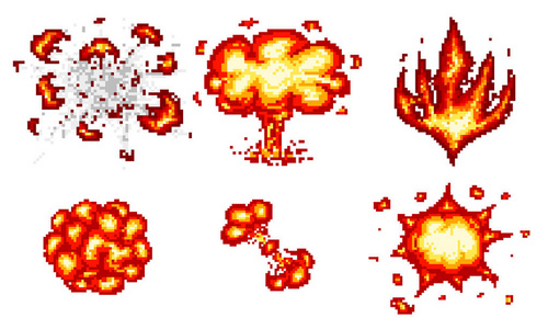 像素艺术爆炸。游戏图标设置。喜剧热潮对情绪的火焰效应。8位向量。爆轰爆炸闪光核泡沫与烟雾。动画框架。过程步骤, 视频火