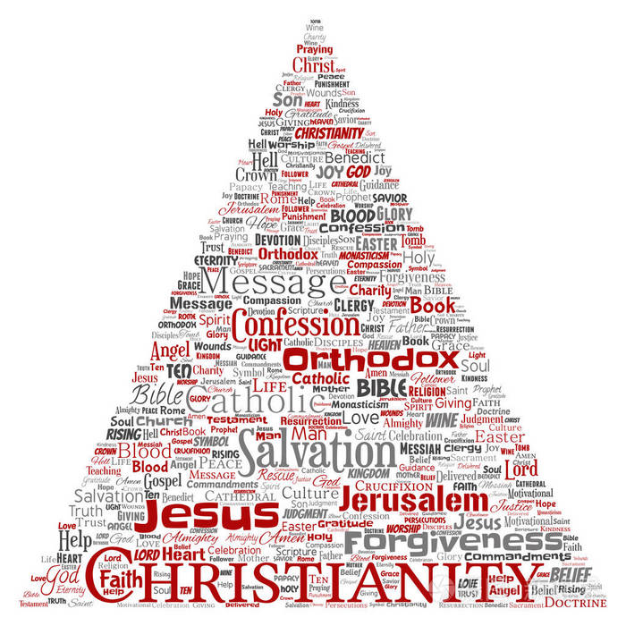 矢量插图的概念基督教耶稣圣经遗嘱三角形箭头红色字云孤立的背景。 教义拼贴拯救复活天堂忏悔宽恕爱的概念