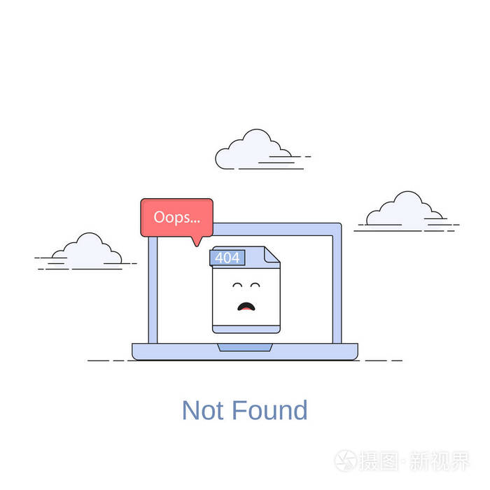 平面图标404错误页或文件未找到图标的概念笔记本电脑显示文件404白色