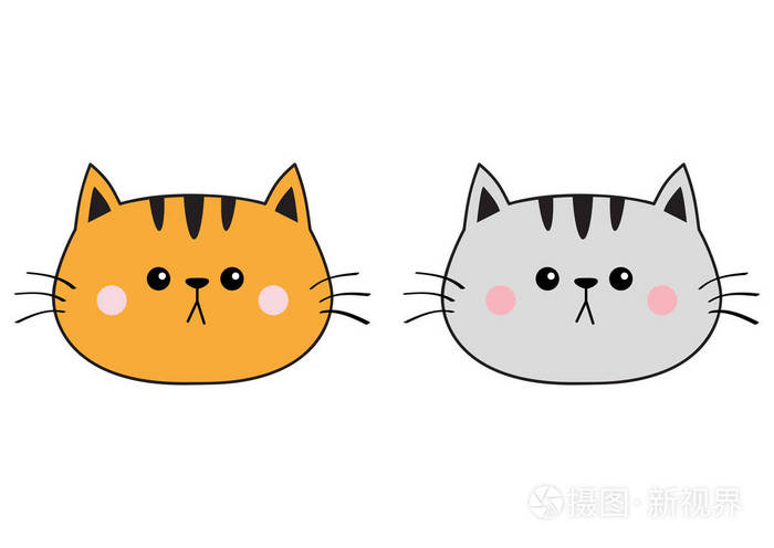 灰色橙色红猫悲伤头脸轮廓图标设置等高线可爱的卡通小猫角色卡瓦伊