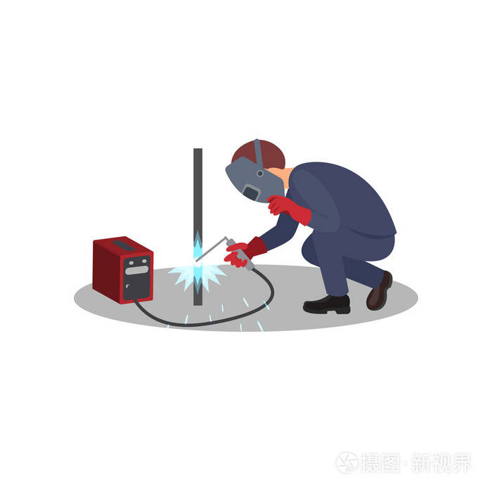 专业焊工在工作.工人在焊接面罩和防护手套.平面矢量设计