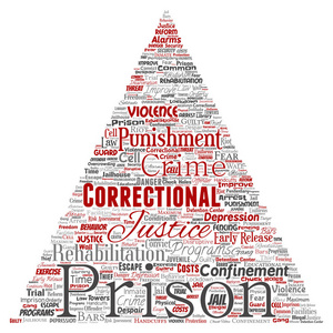 矢量概念监狱司法犯罪三角形箭头红色字云孤立背景。 社会权威制度民事审判康复自由概念