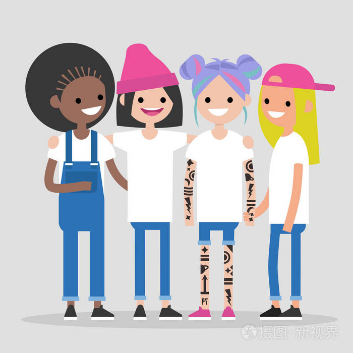 女性友谊女孩的力量四个不同民族的可爱女孩拥抱和微笑一起玩得开心