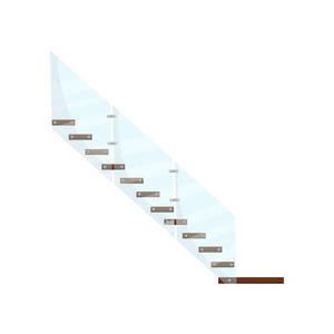 现代楼梯与木制台阶和玻璃扶手.商业办公楼内部的元素.侧面视图.