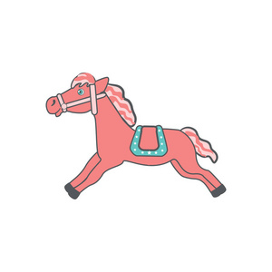 可爱的卡通粉红色的马与马鞍运行, 国内农场动物矢量彩色插图隔离在