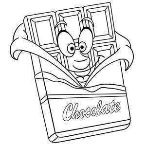 着色页。 着色书。 巧克力棒。 快乐的食物概念。 卡通设计为T恤打印图标标志标签补丁贴纸。