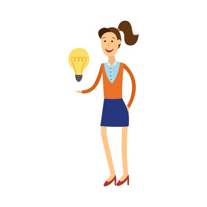 有想法例证的年轻妇女微笑的女孩举行电灯泡作为伟大的想法的标志